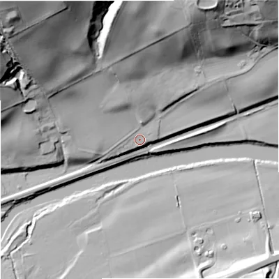 Shaded relief map of the ground around NE476JP, computed from Environment Agency LiDAR. The ground here sits at about 69 m above sea level and falls 80 m across the surrounding 800 m. Surface water reaching this point runs off ground lying to the north-north-west, 12.1 m higher.