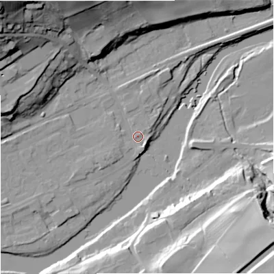 Shaded relief map of the ground around NE476JQ, computed from Environment Agency LiDAR. The ground here sits at about 64 m above sea level and falls 55 m across the surrounding 800 m. Surface water reaching this point runs off ground lying to the west-north-west, 15.6 m higher.