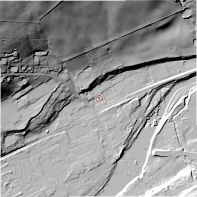 Shaded relief map of the ground around NE476JY, computed from Environment Agency LiDAR. The ground here sits at about 64 m above sea level and falls 91 m across the surrounding 800 m. Surface water reaching this point runs off ground lying to the west, 3.8 m higher.