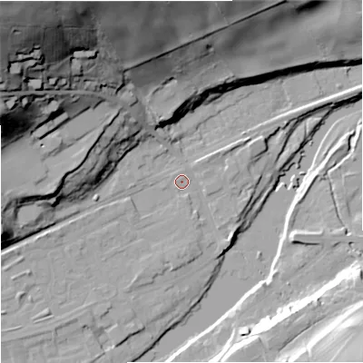 Shaded relief map of the ground around NE476JZ, computed from Environment Agency LiDAR. The ground here sits at about 64 m above sea level and falls 78 m across the surrounding 800 m. Surface water reaching this point runs off ground lying to the west-north-west, 33.6 m higher.