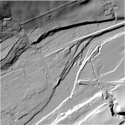 Shaded relief map of the ground around NE476LL, computed from Environment Agency LiDAR. The ground here sits at about 64 m above sea level and falls 66 m across the surrounding 800 m. Surface water reaching this point runs off ground lying to the west-north-west, 1.6 m higher.
