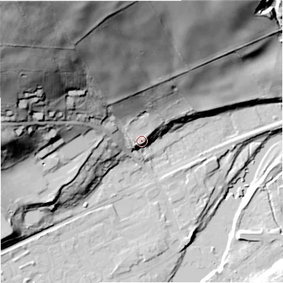 Shaded relief map of the ground around NE476LP, computed from Environment Agency LiDAR. The ground here sits at about 75 m above sea level and falls 100 m across the surrounding 800 m. Surface water reaching this point runs off ground lying to the north-north-west, 20.0 m higher.