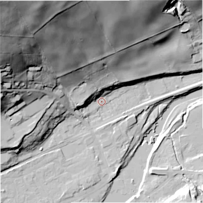 Shaded relief map of the ground around NE476LW, computed from Environment Agency LiDAR. The ground here sits at about 64 m above sea level and falls 98 m across the surrounding 800 m. Surface water reaching this point runs off ground lying to the north-north-west, 82.1 m higher.