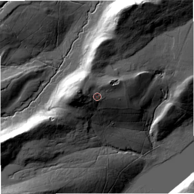 Shaded relief map of the ground around NE476NR, computed from Environment Agency LiDAR. The ground here sits at about 257 m above sea level and falls 41 m across the surrounding 800 m. Surface water reaching this point runs off ground lying to the west-north-west, 8.4 m higher.
