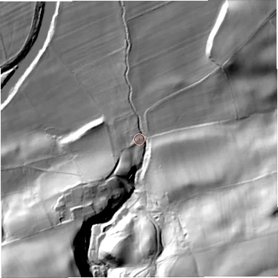 Shaded relief map of the ground around NE477DD, computed from Environment Agency LiDAR. The ground here sits at about 96 m above sea level and falls 70 m across the surrounding 800 m. Surface water reaching this point runs off ground lying to the south-east, 59.2 m higher.