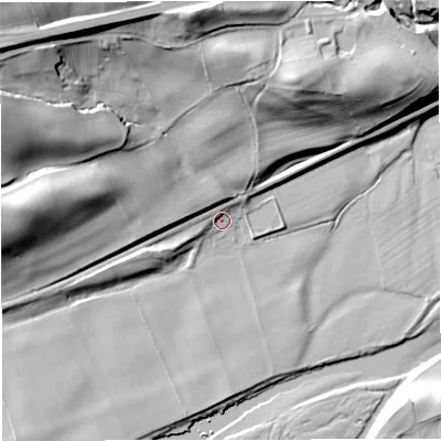 Shaded relief map of the ground around NE477ER, computed from Environment Agency LiDAR. The ground here sits at about 92 m above sea level and falls 46 m across the surrounding 800 m. Surface water reaching this point runs off ground lying to the west-north-west, 31.5 m higher.