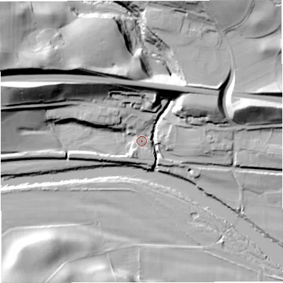 Shaded relief map of the ground around NE477HY, computed from Environment Agency LiDAR. The ground here sits at about 88 m above sea level and falls 42 m across the surrounding 800 m. Surface water reaching this point runs off ground lying to the north, 4.6 m higher.