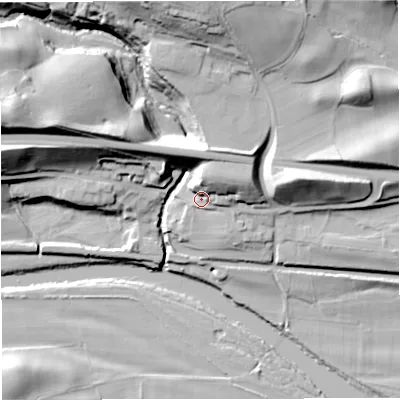Shaded relief map of the ground around NE477HZ, computed from Environment Agency LiDAR. The ground here sits at about 94 m above sea level and falls 40 m across the surrounding 800 m. Surface water reaching this point runs off ground lying to the east-north-east, 12.7 m higher.