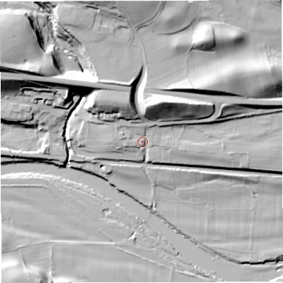 Shaded relief map of the ground around NE477JA, computed from Environment Agency LiDAR. The ground here sits at about 92 m above sea level and falls 37 m across the surrounding 800 m. Surface water reaching this point runs off ground lying to the north-north-west, 23.5 m higher.