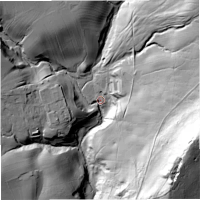 Shaded relief map of the ground around NE477JN, computed from Environment Agency LiDAR. The ground here sits at about 151 m above sea level and falls 123 m across the surrounding 800 m. Surface water reaching this point runs off ground lying to the east, 65.7 m higher.