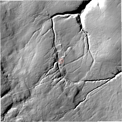 Shaded relief map of the ground around NE478DW, computed from Environment Agency LiDAR. The ground here sits at about 405 m above sea level and falls 122 m across the surrounding 800 m. Surface water reaching this point runs off ground lying to the south-west, 80.4 m higher.