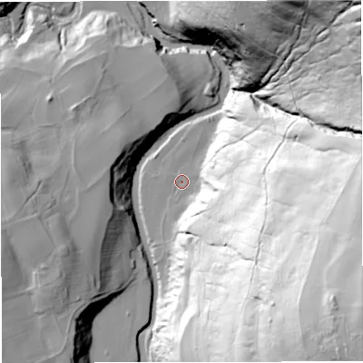 Shaded relief map of the ground around NE478HH, computed from Environment Agency LiDAR. The ground here sits at about 204 m above sea level and falls 135 m across the surrounding 800 m. Surface water reaching this point runs off ground lying to the south-east, 121.5 m higher.