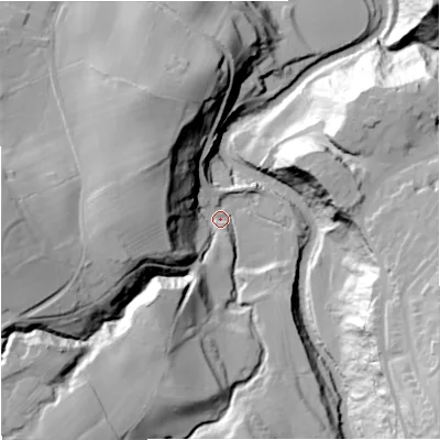 Shaded relief map of the ground around NE479AA, computed from Environment Agency LiDAR. The ground here sits at about 215 m above sea level and falls 62 m across the surrounding 800 m. Surface water reaching this point runs off ground lying to the west, 43.4 m higher.