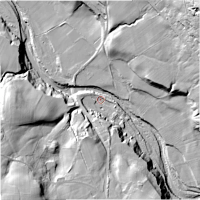 Shaded relief map of the ground around NE479EA, computed from Environment Agency LiDAR. The ground here sits at about 196 m above sea level and falls 71 m across the surrounding 800 m. Surface water reaching this point runs off ground lying to the south-west, 50.4 m higher.