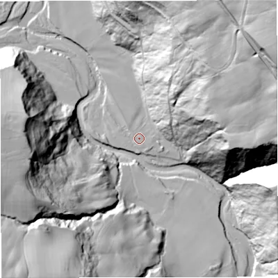 Shaded relief map of the ground around NE479ES, computed from Environment Agency LiDAR. The ground here sits at about 154 m above sea level and falls 112 m across the surrounding 800 m. Surface water reaching this point runs off ground lying to the south-east, 2.1 m higher.