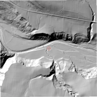 Shaded relief map of the ground around NE479EX, computed from Environment Agency LiDAR. The ground here sits at about 180 m above sea level and falls 78 m across the surrounding 800 m. Surface water reaching this point runs off ground lying to the south-east, 39.4 m higher.