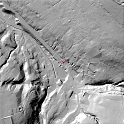 Shaded relief map of the ground around NE479HD, computed from Environment Agency LiDAR. The ground here sits at about 406 m above sea level and falls 132 m across the surrounding 800 m. Surface water reaching this point runs off ground lying to the north-east, 112.1 m higher.