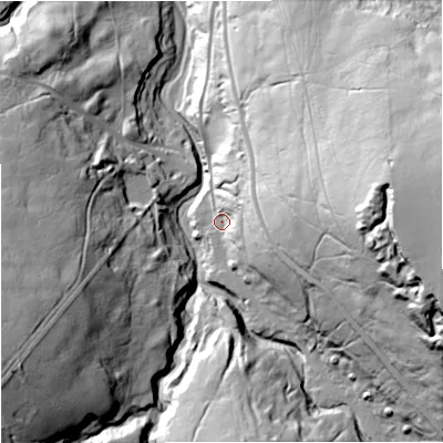 Shaded relief map of the ground around NE479HE, computed from Environment Agency LiDAR. The ground here sits at about 371 m above sea level and falls 82 m across the surrounding 800 m. Surface water reaching this point runs off ground lying to the east-south-east, 31.5 m higher.