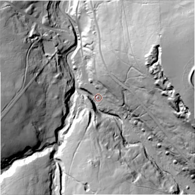 Shaded relief map of the ground around NE479HF, computed from Environment Agency LiDAR. The ground here sits at about 375 m above sea level and falls 83 m across the surrounding 800 m. Surface water reaching this point runs off ground lying to the east, 70.5 m higher.