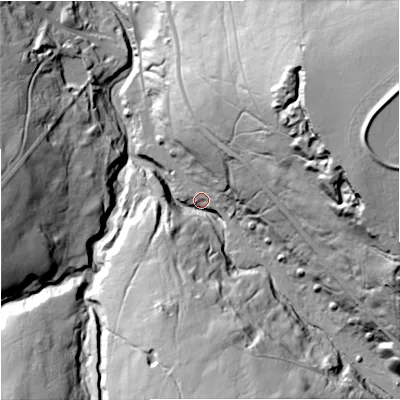 Shaded relief map of the ground around NE479HG, computed from Environment Agency LiDAR. The ground here sits at about 376 m above sea level and falls 82 m across the surrounding 800 m. Surface water reaching this point runs off ground lying to the east-north-east, 70.9 m higher.