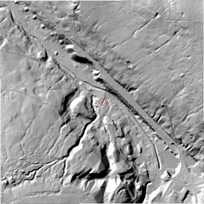Shaded relief map of the ground around NE479HH, computed from Environment Agency LiDAR. The ground here sits at about 396 m above sea level and falls 110 m across the surrounding 800 m. Surface water reaching this point runs off ground lying to the south-south-west, 64.8 m higher.