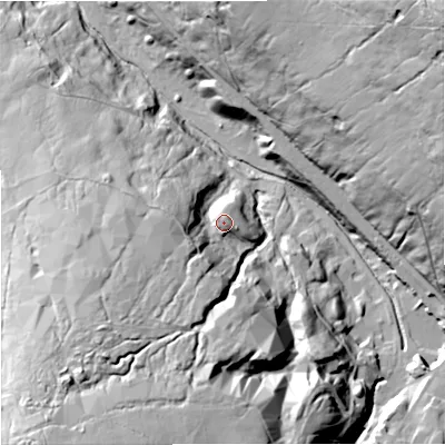 Shaded relief map of the ground around NE479HJ, computed from Environment Agency LiDAR. The ground here sits at about 412 m above sea level and falls 100 m across the surrounding 800 m. Surface water reaching this point runs off ground lying to the south-west, 38.7 m higher.