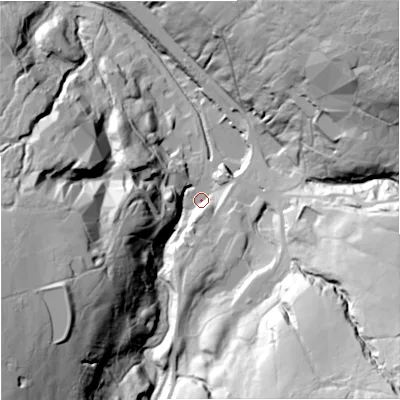Shaded relief map of the ground around NE479HN, computed from Environment Agency LiDAR. The ground here sits at about 406 m above sea level and falls 100 m across the surrounding 800 m. Surface water reaching this point runs off ground lying to the south-west, 69.1 m higher.
