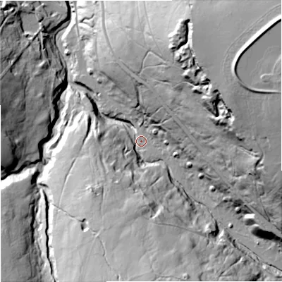 Shaded relief map of the ground around NE479HQ, computed from Environment Agency LiDAR. The ground here sits at about 379 m above sea level and falls 81 m across the surrounding 800 m. Surface water reaching this point runs off ground lying to the south, 50.4 m higher.