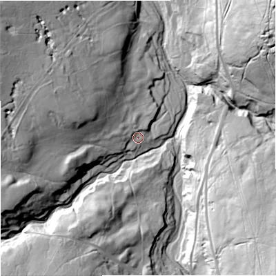 Shaded relief map of the ground around NE479JG, computed from Environment Agency LiDAR. The ground here sits at about 359 m above sea level and falls 72 m across the surrounding 800 m. Surface water reaching this point runs off ground lying to the west-north-west, 24.2 m higher.