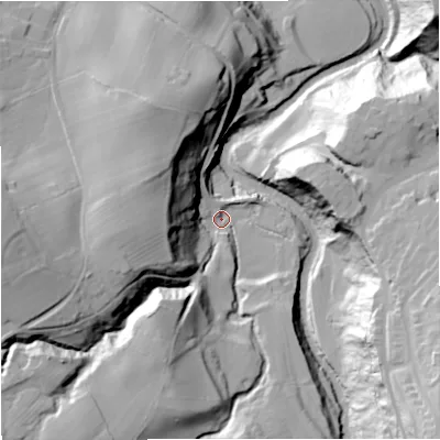 Shaded relief map of the ground around NE479NF, computed from Environment Agency LiDAR. The ground here sits at about 214 m above sea level and falls 61 m across the surrounding 800 m. Surface water reaching this point runs off ground lying to the west, 43.4 m higher.