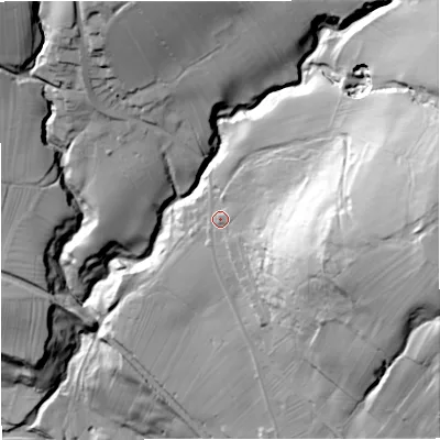 Shaded relief map of the ground around NE479QH, computed from Environment Agency LiDAR. The ground here sits at about 218 m above sea level and falls 87 m across the surrounding 800 m. Surface water reaching this point runs off ground lying to the east, 45.8 m higher.