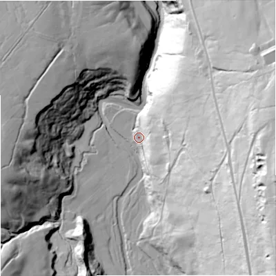 Shaded relief map of the ground around NE479SL, computed from Environment Agency LiDAR. The ground here sits at about 289 m above sea level and falls 113 m across the surrounding 800 m. Surface water reaching this point runs off ground lying to the east-south-east, 100.4 m higher.
