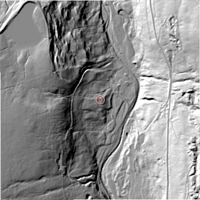 Shaded relief map of the ground around NE479UL, computed from Environment Agency LiDAR. The ground here sits at about 346 m above sea level and falls 75 m across the surrounding 800 m. Surface water reaching this point runs off ground lying to the west, 25.5 m higher.