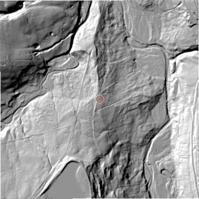 Shaded relief map of the ground around NE479UN, computed from Environment Agency LiDAR. The ground here sits at about 348 m above sea level and falls 51 m across the surrounding 800 m. Surface water reaching this point runs off ground lying to the south-south-west, 22.1 m higher.
