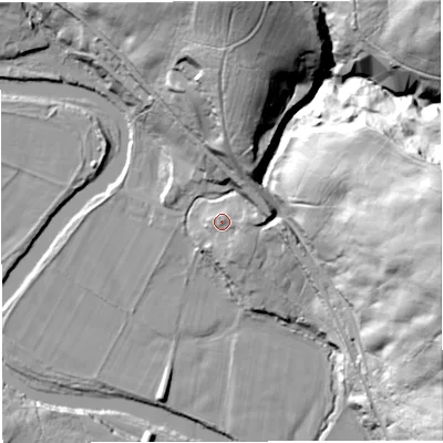 Shaded relief map of the ground around NE481AA, computed from Environment Agency LiDAR. The ground here sits at about 143 m above sea level and falls 80 m across the surrounding 800 m. Surface water reaching this point runs off ground lying to the east, 4.5 m higher.