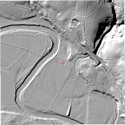 Shaded relief map of the ground around NE481AT, computed from Environment Agency LiDAR. The ground here sits at about 136 m above sea level and falls 61 m across the surrounding 800 m. Surface water reaching this point runs off ground lying to the east, 1.5 m higher.