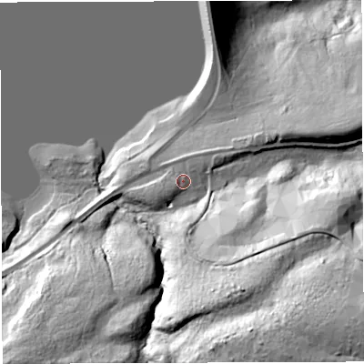 Shaded relief map of the ground around NE481BE, computed from Environment Agency LiDAR. The ground here sits at about 197 m above sea level and falls 94 m across the surrounding 800 m. Surface water reaching this point runs off ground lying to the south-west, 1.8 m higher.