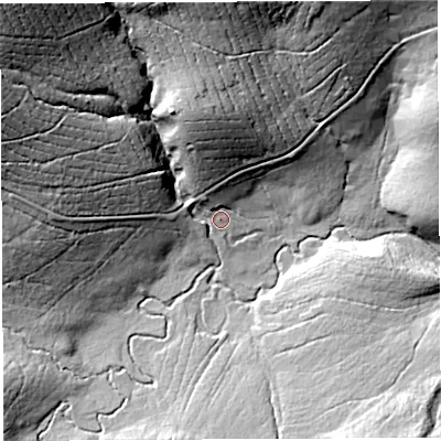 Shaded relief map of the ground around NE481BS, computed from Environment Agency LiDAR. The ground here sits at about 265 m above sea level and falls 73 m across the surrounding 800 m. Surface water reaching this point runs off ground lying to the north-west, 65.5 m higher.