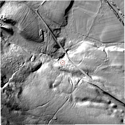 Shaded relief map of the ground around NE481DD, computed from Environment Agency LiDAR. The ground here sits at about 145 m above sea level and falls 98 m across the surrounding 800 m. Surface water reaching this point runs off ground lying to the south-west, 78.5 m higher.