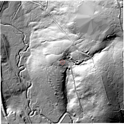 Shaded relief map of the ground around NE481EL, computed from Environment Agency LiDAR. The ground here sits at about 228 m above sea level and falls 135 m across the surrounding 800 m. Surface water reaching this point runs off ground lying to the east-north-east, 25.4 m higher.