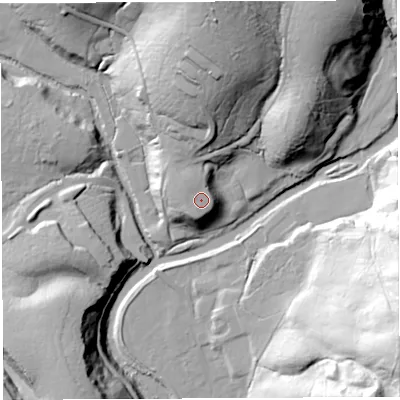 Shaded relief map of the ground around NE481ER, computed from Environment Agency LiDAR. The ground here sits at about 205 m above sea level and falls 57 m across the surrounding 800 m. Surface water reaching this point runs off ground lying to the west-north-west, 0.8 m higher.
