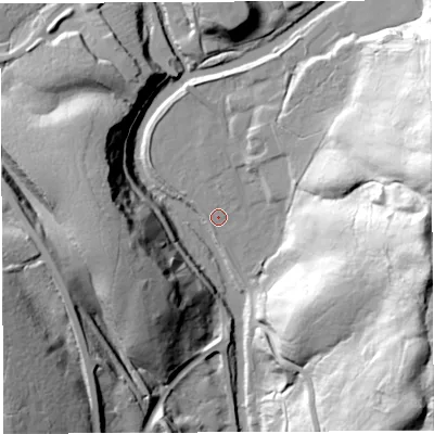 Shaded relief map of the ground around NE481HF, computed from Environment Agency LiDAR. The ground here sits at about 188 m above sea level and falls 60 m across the surrounding 800 m. Surface water reaching this point runs off ground lying to the north-north-west, 5.1 m higher.