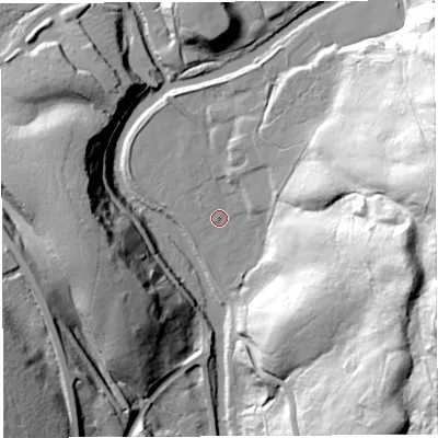Shaded relief map of the ground around NE481HG, computed from Environment Agency LiDAR. The ground here sits at about 188 m above sea level and falls 63 m across the surrounding 800 m. Surface water reaching this point runs off ground lying to the east-north-east, 54.2 m higher.