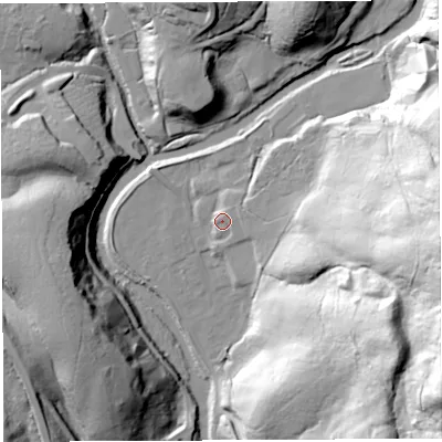 Shaded relief map of the ground around NE481HQ, computed from Environment Agency LiDAR. The ground here sits at about 193 m above sea level and falls 73 m across the surrounding 800 m. Surface water reaching this point runs off ground lying to the east-north-east, 3.3 m higher.
