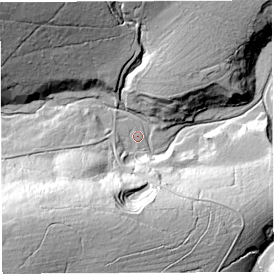 Shaded relief map of the ground around NE481HT, computed from Environment Agency LiDAR. The ground here sits at about 273 m above sea level and falls 75 m across the surrounding 800 m. Surface water reaching this point runs off ground lying to the south-west, 65.2 m higher.
