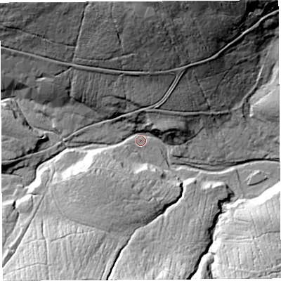 Shaded relief map of the ground around NE481HU, computed from Environment Agency LiDAR. The ground here sits at about 281 m above sea level and falls 68 m across the surrounding 800 m. Surface water reaching this point runs off ground lying to the north-north-west, 61.0 m higher.