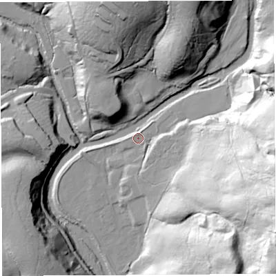 Shaded relief map of the ground around NE481HX, computed from Environment Agency LiDAR. The ground here sits at about 193 m above sea level and falls 76 m across the surrounding 800 m. Surface water reaching this point runs off ground lying to the east-south-east, 63.3 m higher.