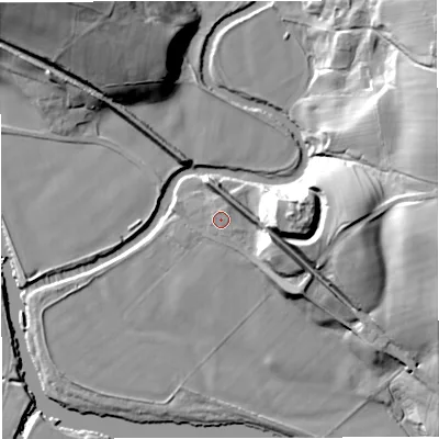 Shaded relief map of the ground around NE481JY, computed from Environment Agency LiDAR. The ground here sits at about 121 m above sea level and falls 38 m across the surrounding 800 m. Surface water reaching this point runs off ground lying to the north, 1.3 m higher.