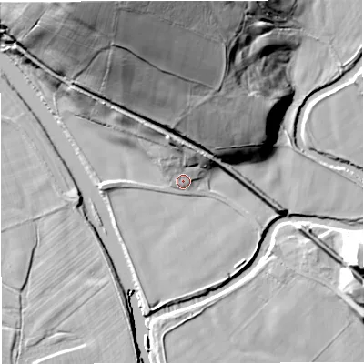 Shaded relief map of the ground around NE481JZ, computed from Environment Agency LiDAR. The ground here sits at about 121 m above sea level and falls 52 m across the surrounding 800 m. Surface water reaching this point runs off ground lying to the north, 8.4 m higher.