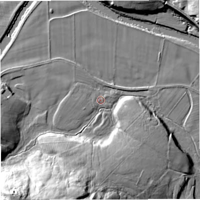 Shaded relief map of the ground around NE481LE, computed from Environment Agency LiDAR. The ground here sits at about 121 m above sea level and falls 43 m across the surrounding 800 m. Surface water reaching this point runs off ground lying to the west-south-west, 0.8 m higher.